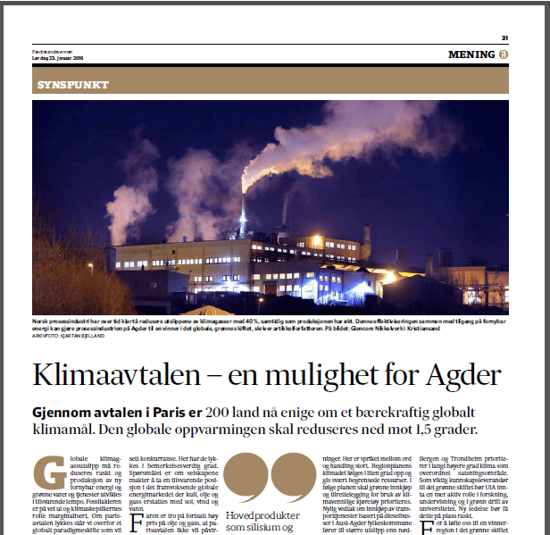 Norsk prosessindustri har over tid klart å redusere utslippene av klimagasser med 40 %, samtidig som produksjonen har økt. Denne effektiviseringen sammen med tilgang på fornybar energi kan gjøre prosessindustrien på Agder til en vinner i det globale, grønne skiftet, skriver artikkelforfatteren.
